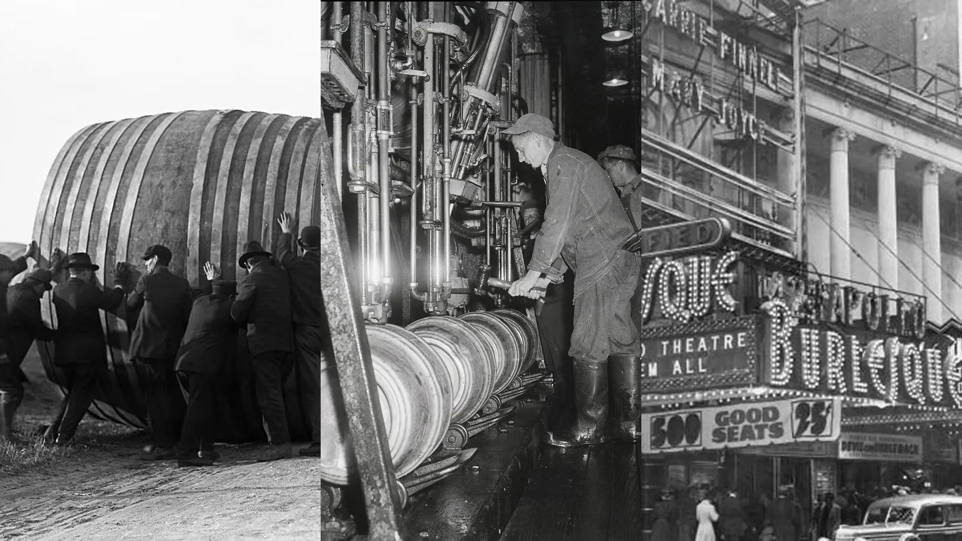 Black and white archive photographs of beer barrels, brewery workers and a New York theatre district street, the concept references for Broadway at Emirates Palace Abu Dhabi