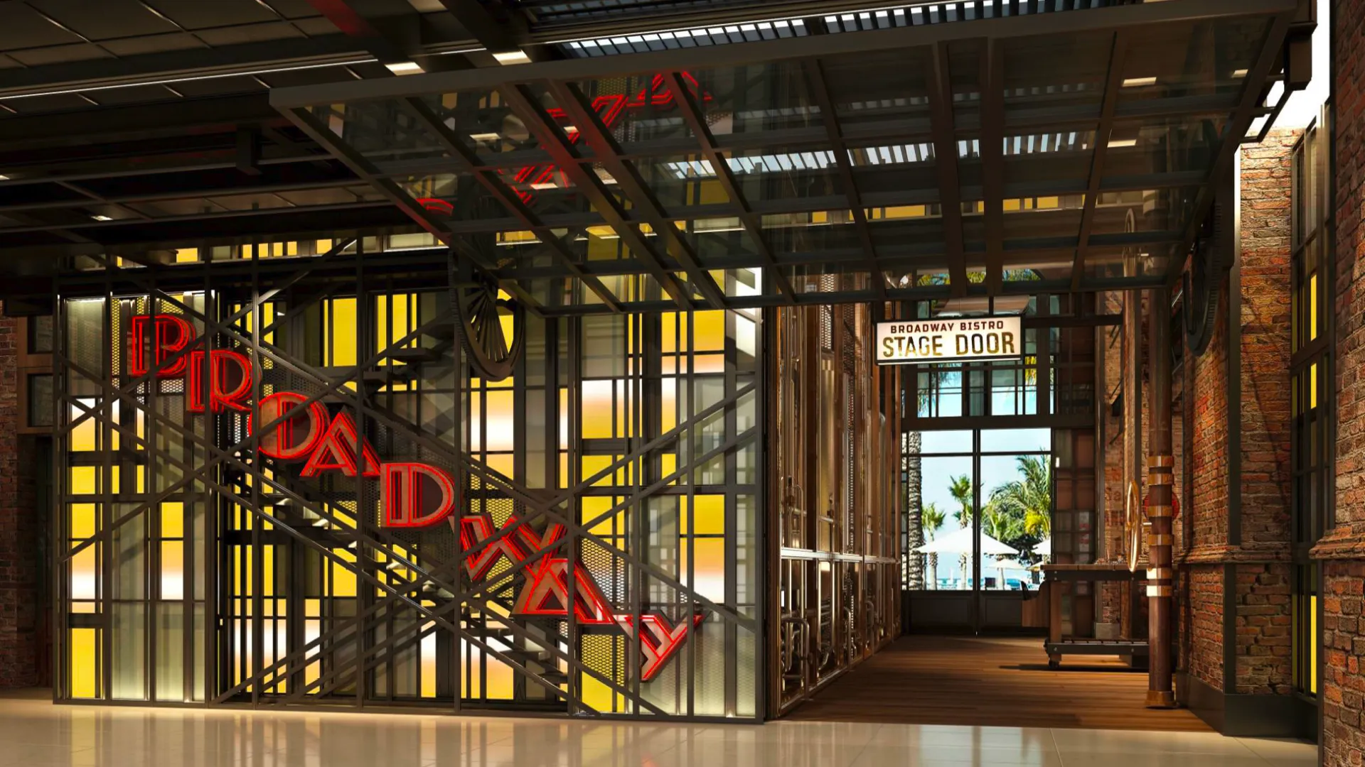 Design rendering of the entrance to Broadway at Emirates Palace Abu Dhabi, with Broadway signage on a fire escape staircase frame and a stage door sign