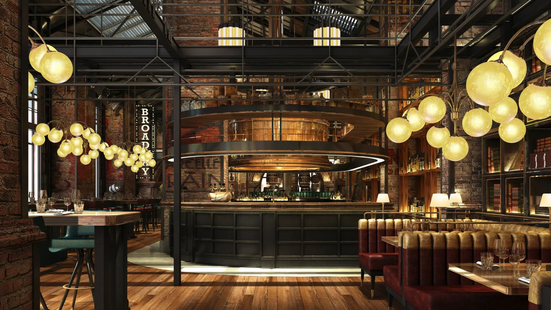 Design rendering of the main bar at Broadway, Emirates Palace Abu Dhabi, with a circular bar beneath a steel-framed warehouse roof, globe pendants and leather booths