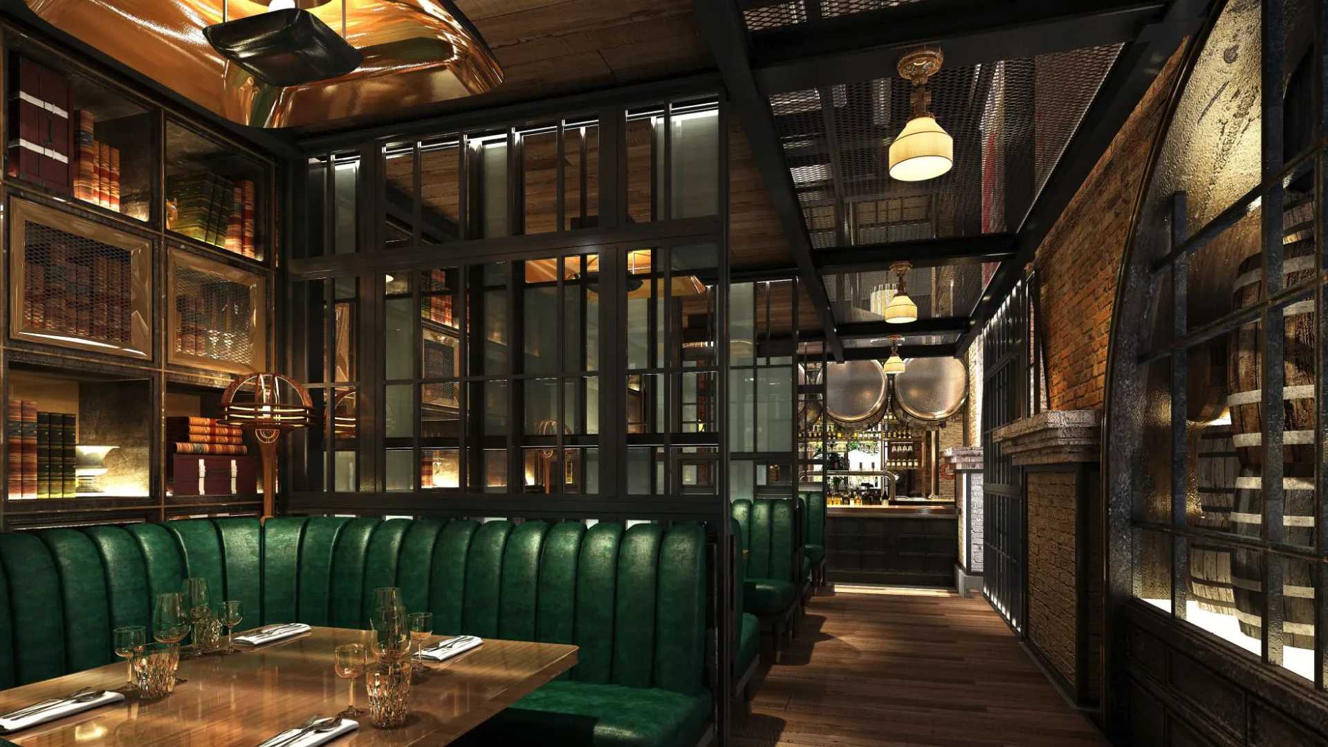 Design rendering of the private booths at Broadway, Emirates Palace Abu Dhabi, with green leather banquettes, steel-framed screens and brick arches with beer barrels