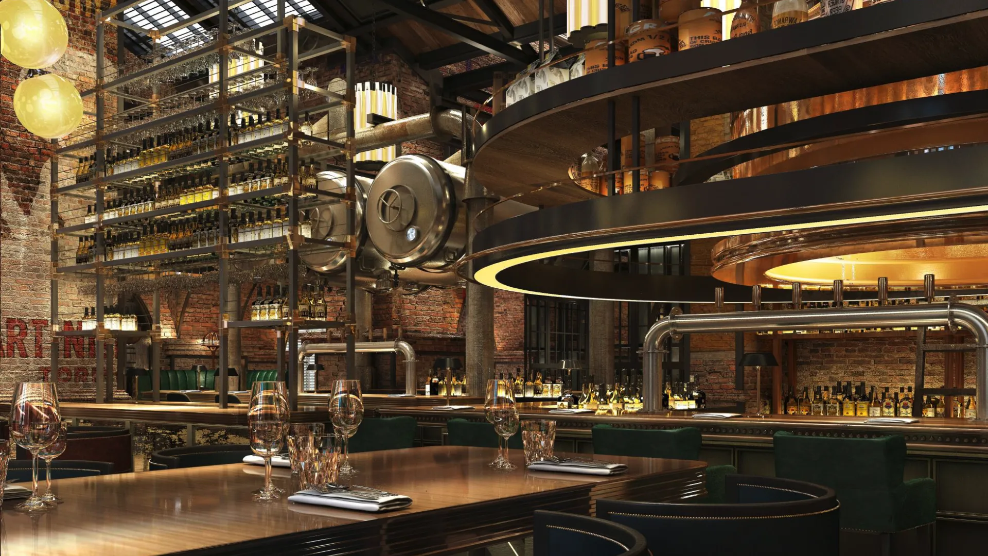 Design rendering of the main bar at Broadway, Emirates Palace Abu Dhabi, with brewery pipework, beer taps, a wine shelf display and a circular backlit bar canopy
