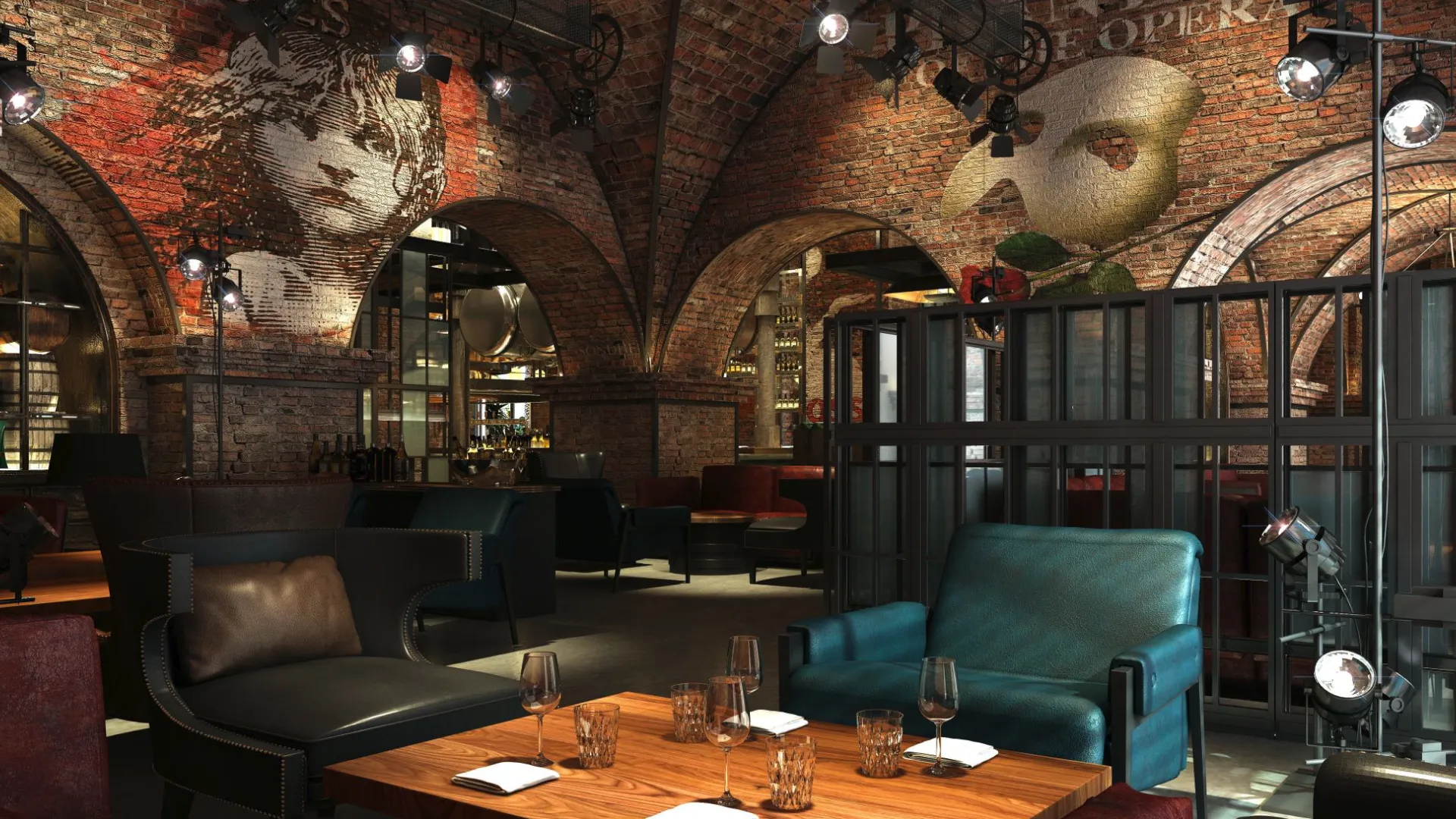 Design rendering of The Cellar at Broadway, Emirates Palace Abu Dhabi, with a brick-vaulted ceiling, theatre ghost art, stage lighting and lounge seating