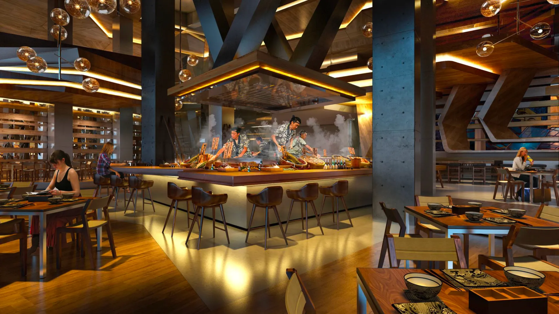Design rendering of the main dining area at Netsu, Mandarin Oriental Jumeira Dubai, with a central robata grill counter beneath an exhaust canopy