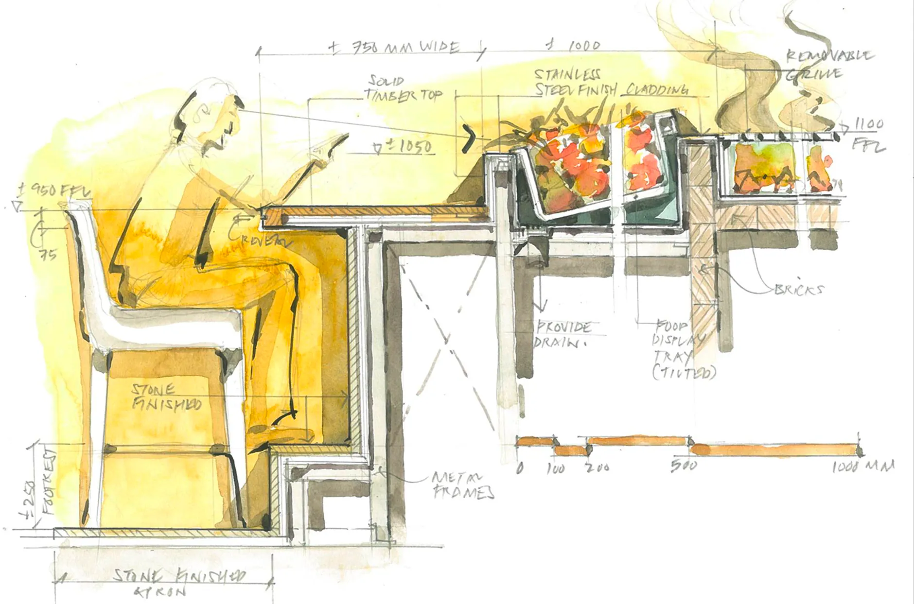Hand-drawn detail of robata counter seating at Netsu, Mandarin Oriental Jumeira Dubai, showing the timber counter top, ingredient display and grill