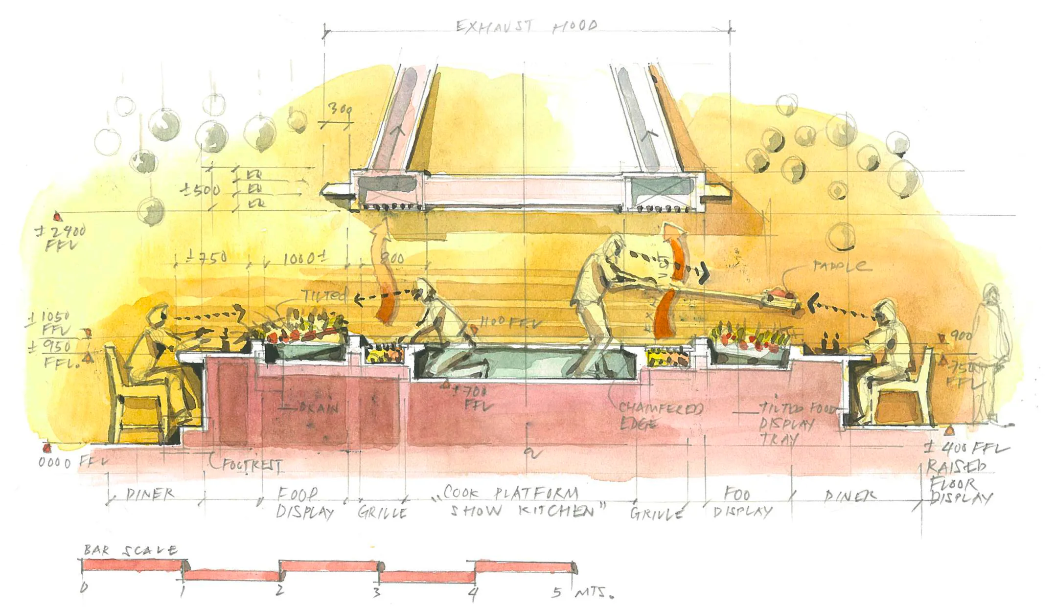 Hand-drawn section of the robata grill counter at Netsu, Mandarin Oriental Jumeira Dubai, showing the central show kitchen platform, exhaust hood and diner seating