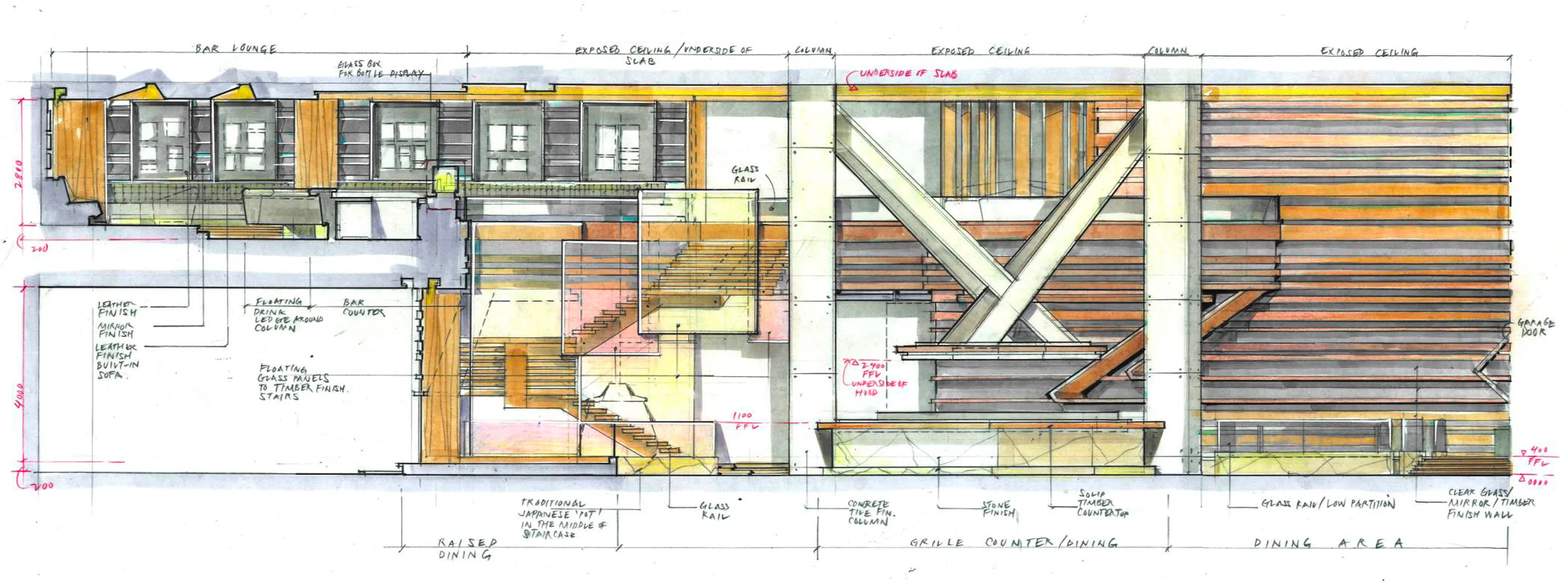 Hand-drawn coloured elevation of Netsu at Mandarin Oriental Jumeira Dubai, showing the bar lounge, staircase, robata counter and dining area