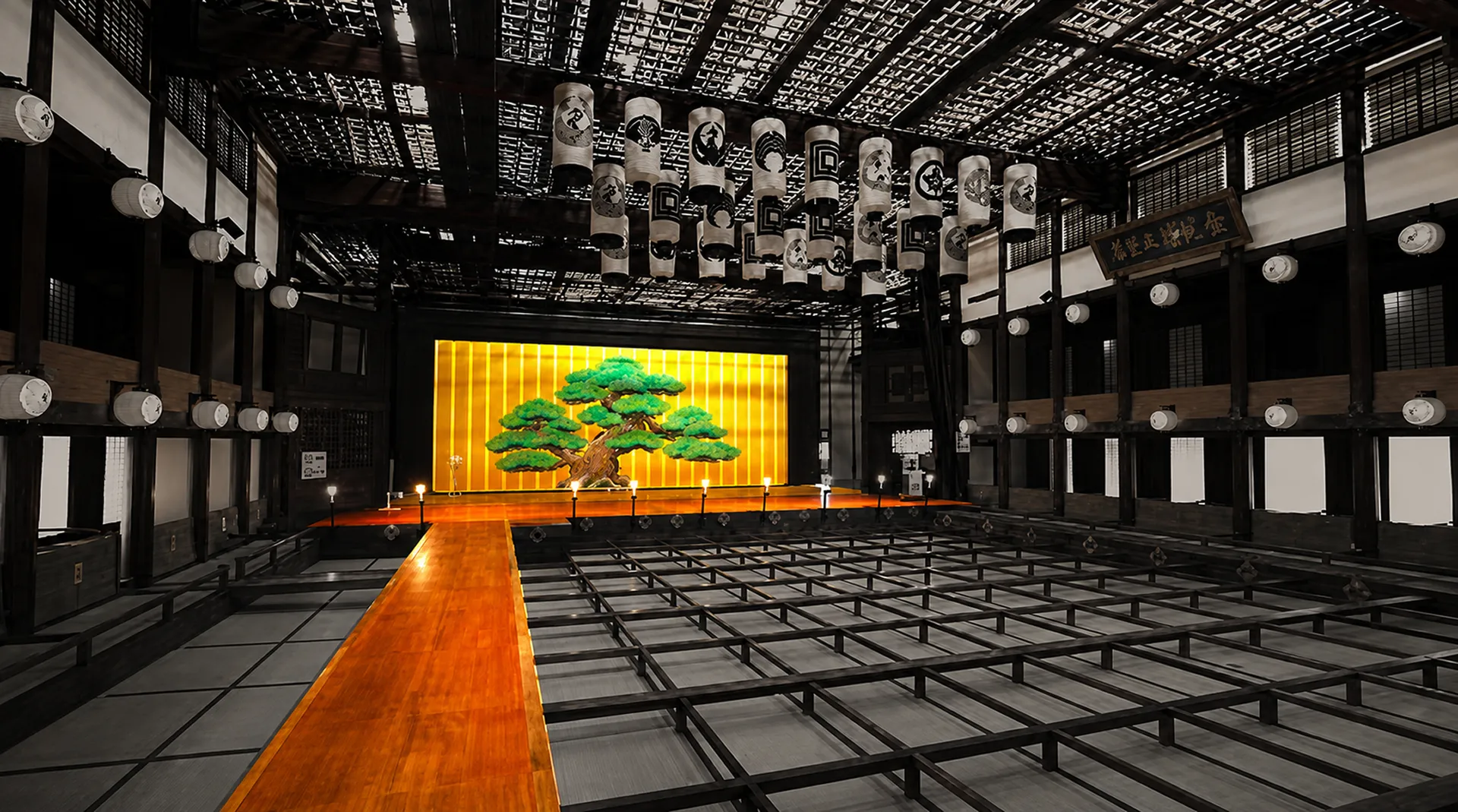 Traditional Kabuki theatre interior with a raised hanamichi walkway leading to the stage, the reference for staff circulation at Netsu, Mandarin Oriental Jumeira Dubai