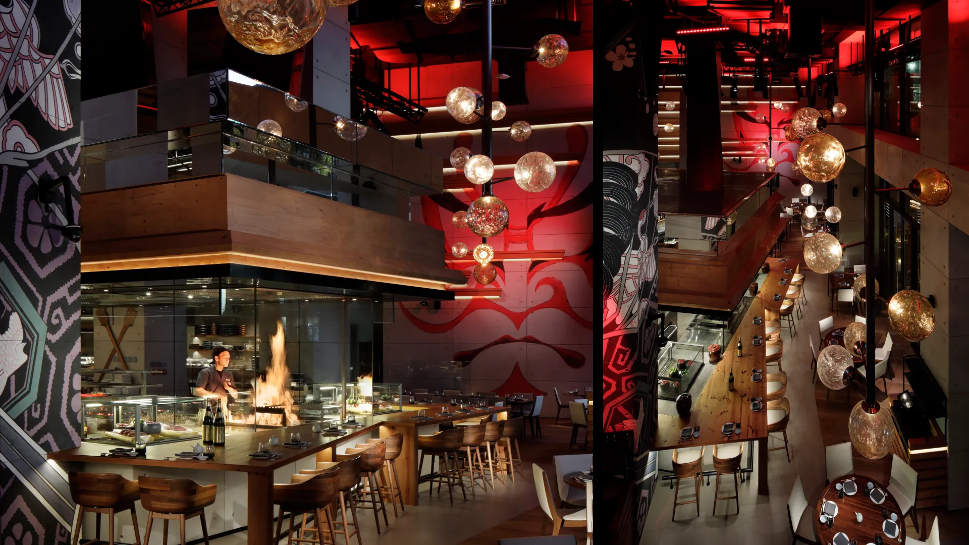 Level 2 lounge views down to the robata grill and main dining area at Netsu, Mandarin Oriental Jumeira Dubai