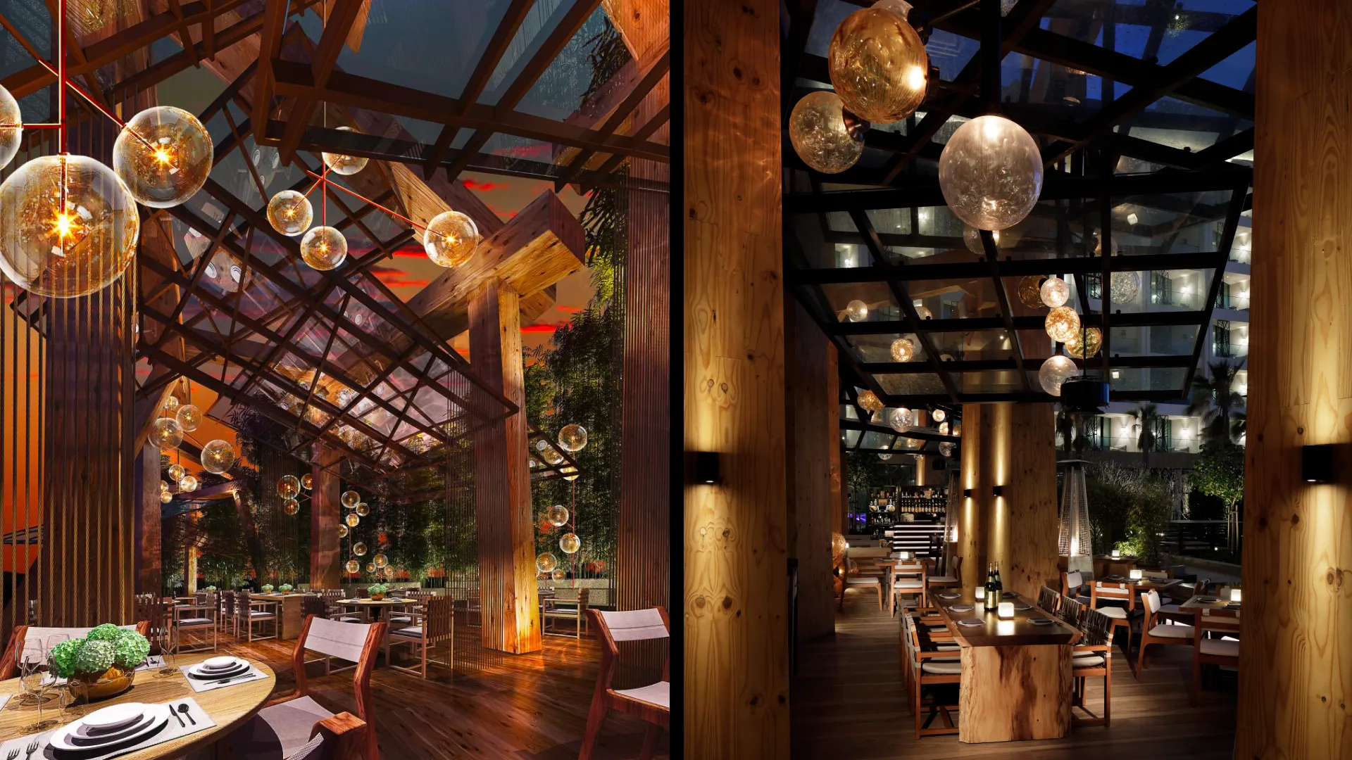 Design rendering and photograph side by side of the outdoor dining terrace at Netsu, Mandarin Oriental Jumeira Dubai, with timber structures and glass globe lamps