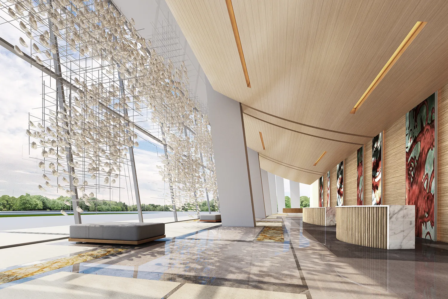 Rendering of the Hyatt Regency Hengqin lobby with a suspended crystalline light installation