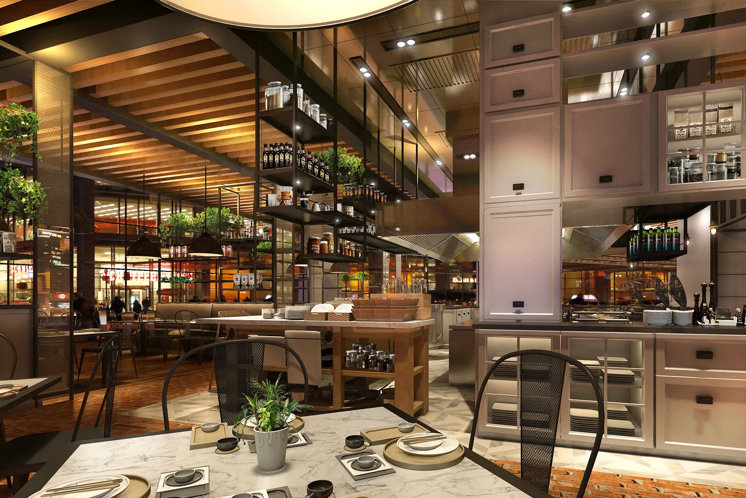 Rendering of Market Cafe at Hyatt Regency Hengqin with open kitchen and black metal shelving