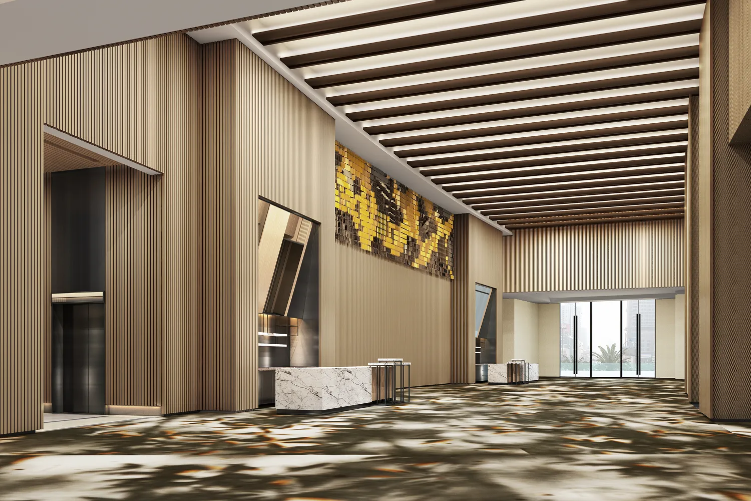 Rendering of the Hyatt Regency Hengqin pre-function corridor with a pixelated mosaic artwork