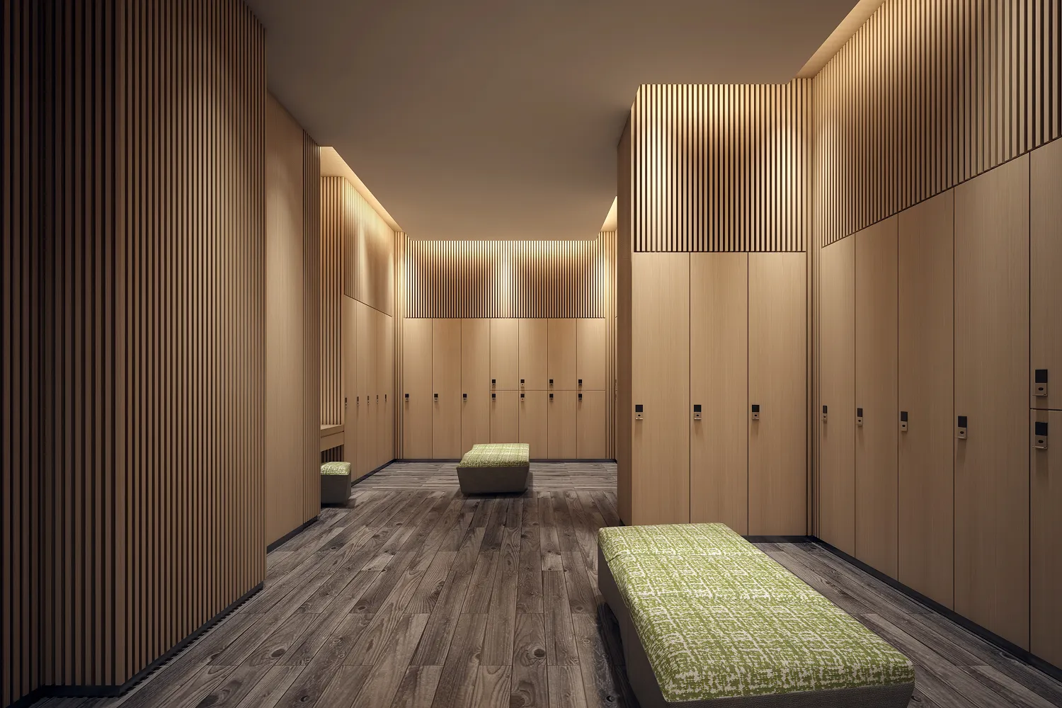 Rendering of the changing room at Hyatt Regency Hengqin with timber lockers