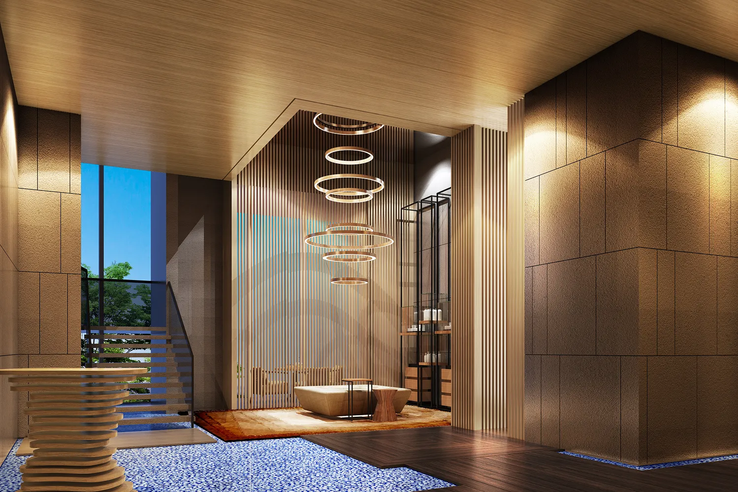 Rendering of the spa consultation area at Hyatt Regency Hengqin with concentric ring pendants