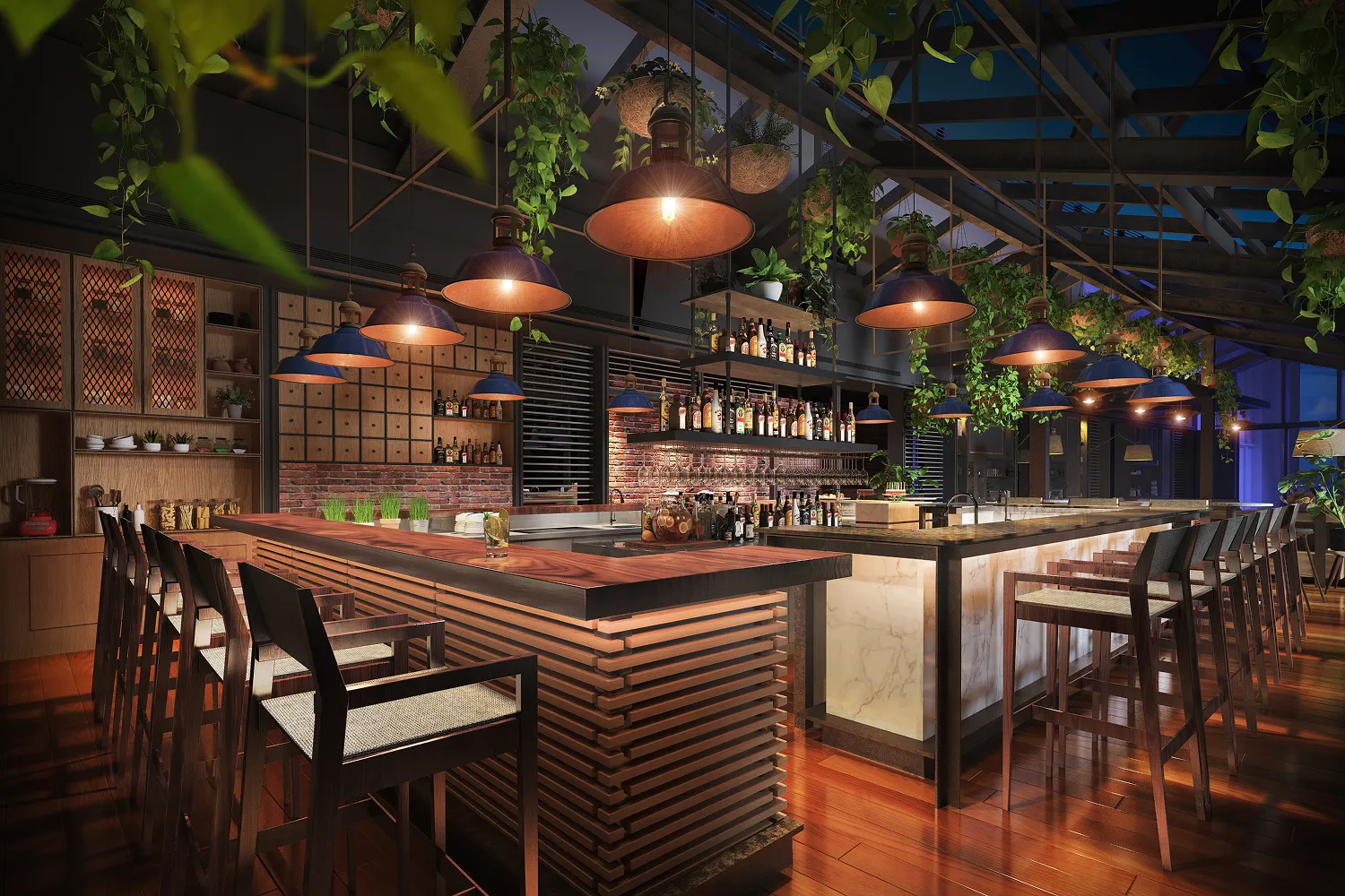 Rendering of The Loft rooftop bar at Hyatt Regency Hengqin with library shelving and pendant lights