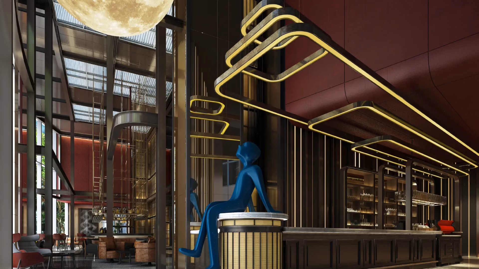 Rendering of the lobby reception at Thompson Shanghai Expo with the blue seated sculpture