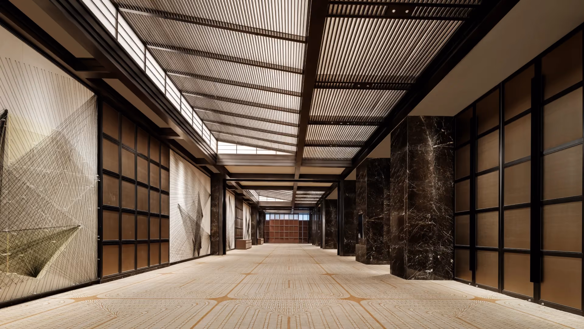 Pre-function corridor at Thompson Shanghai Expo with backlit panels and timber walls