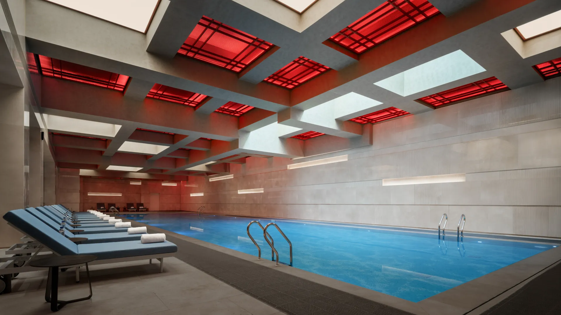 Indoor pool at Thompson Shanghai Expo under a coffered ceiling with skylights