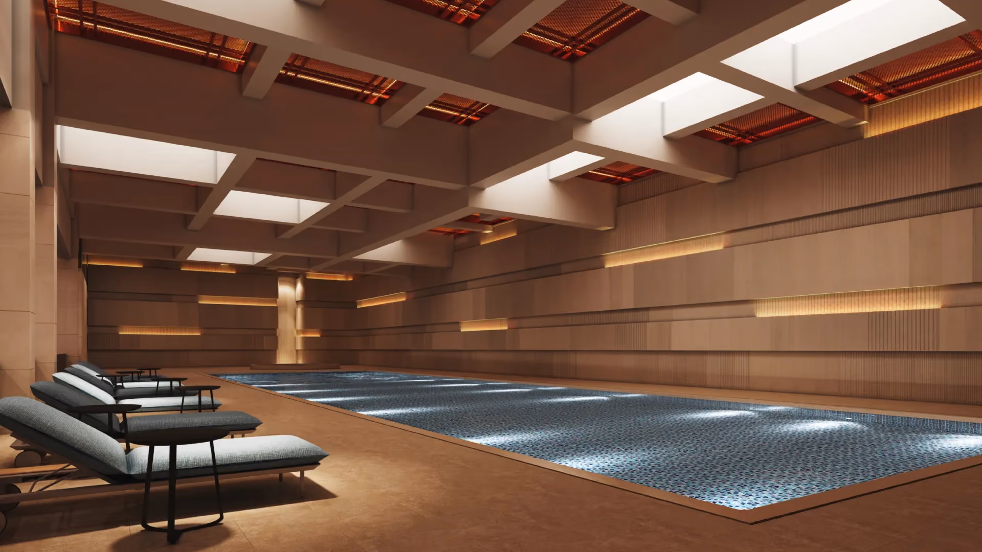 Rendering of the indoor pool at Thompson Shanghai Expo under a coffered ceiling