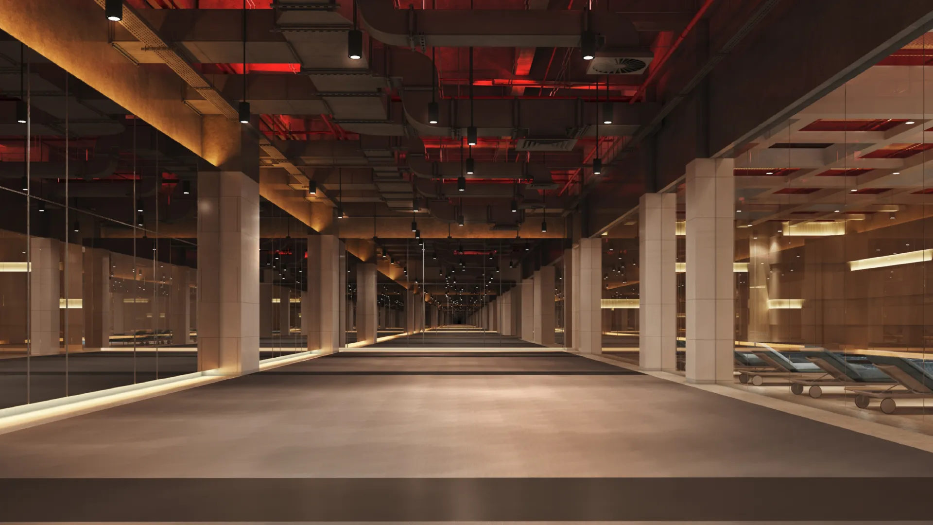 Rendering of the gym at Thompson Shanghai Expo with a red-lit ceiling