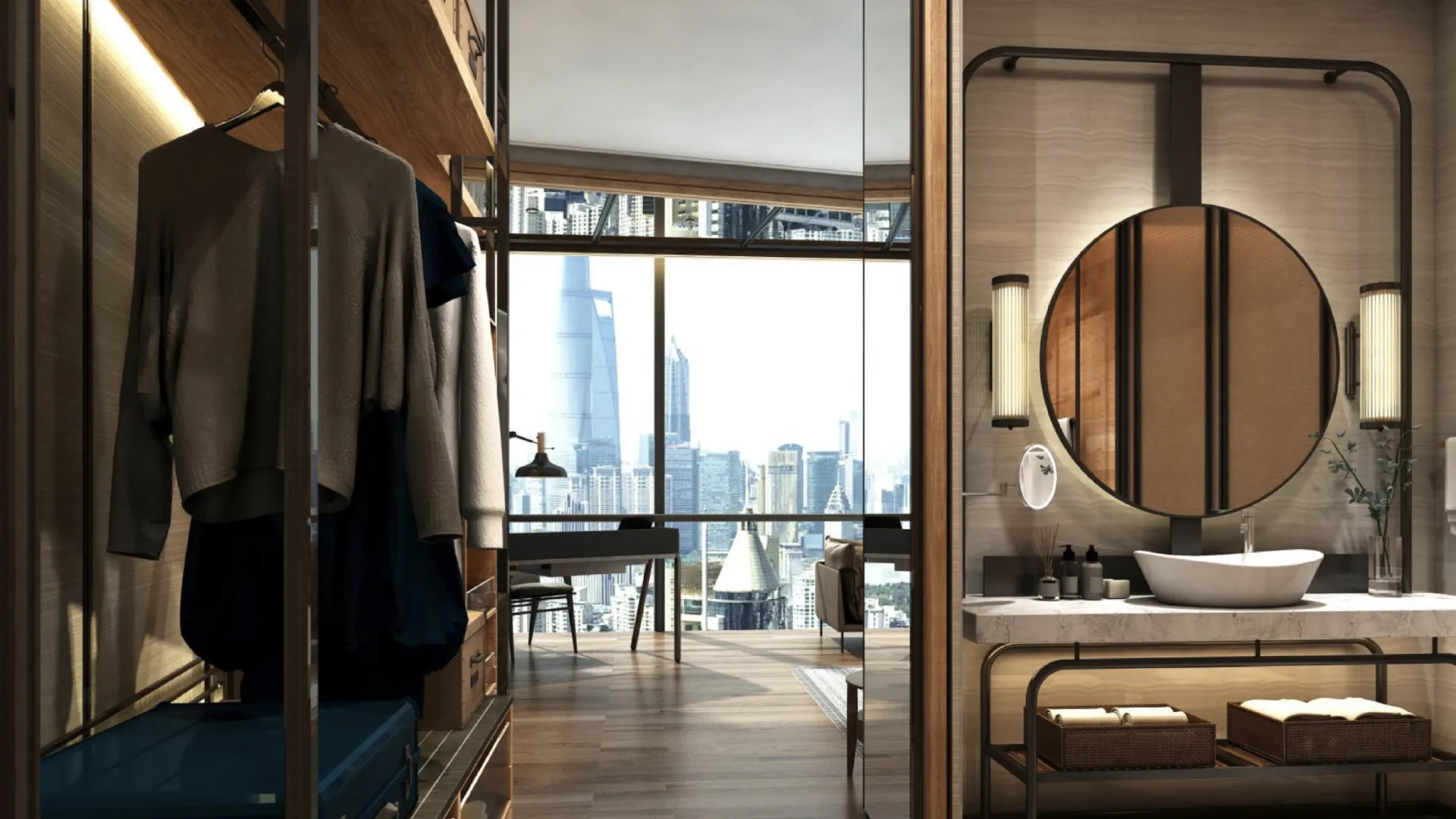 Rendering of a guestroom at Thompson Shanghai Expo seen from the bathroom, with a round mirror