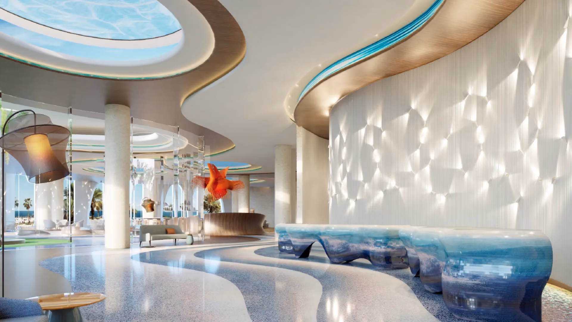 Rendering of the lobby reception at Hyatt Regency Ocean Paradise Resort, with blue wave counters and skylight domes