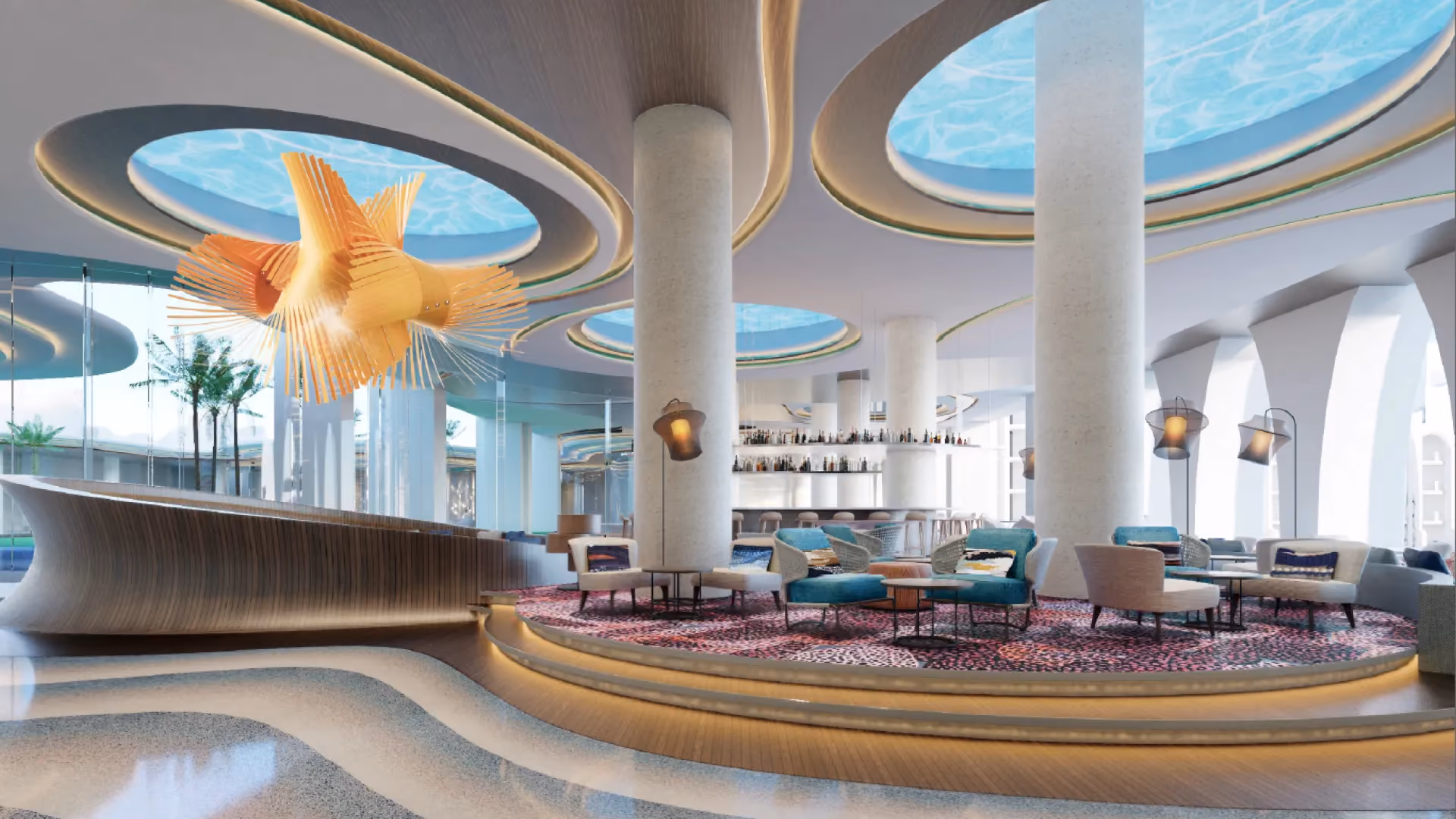 Rendering of the lobby lounge at Hyatt Regency Ocean Paradise Resort, with skylight domes and a coral sculpture