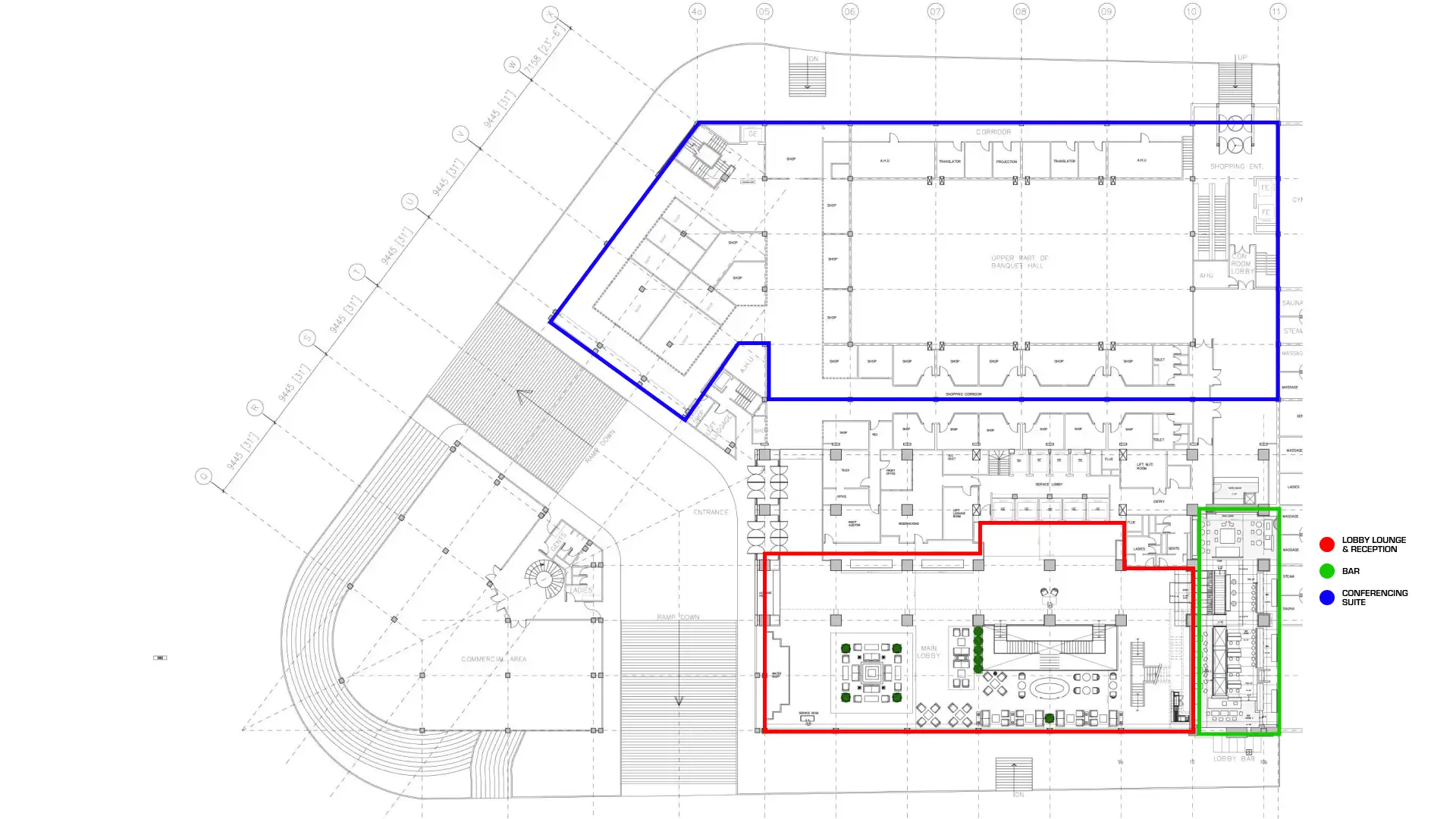 Existing overall Level 1 site plan of Trident, Nariman Point, with project areas outlined in red, green and blue