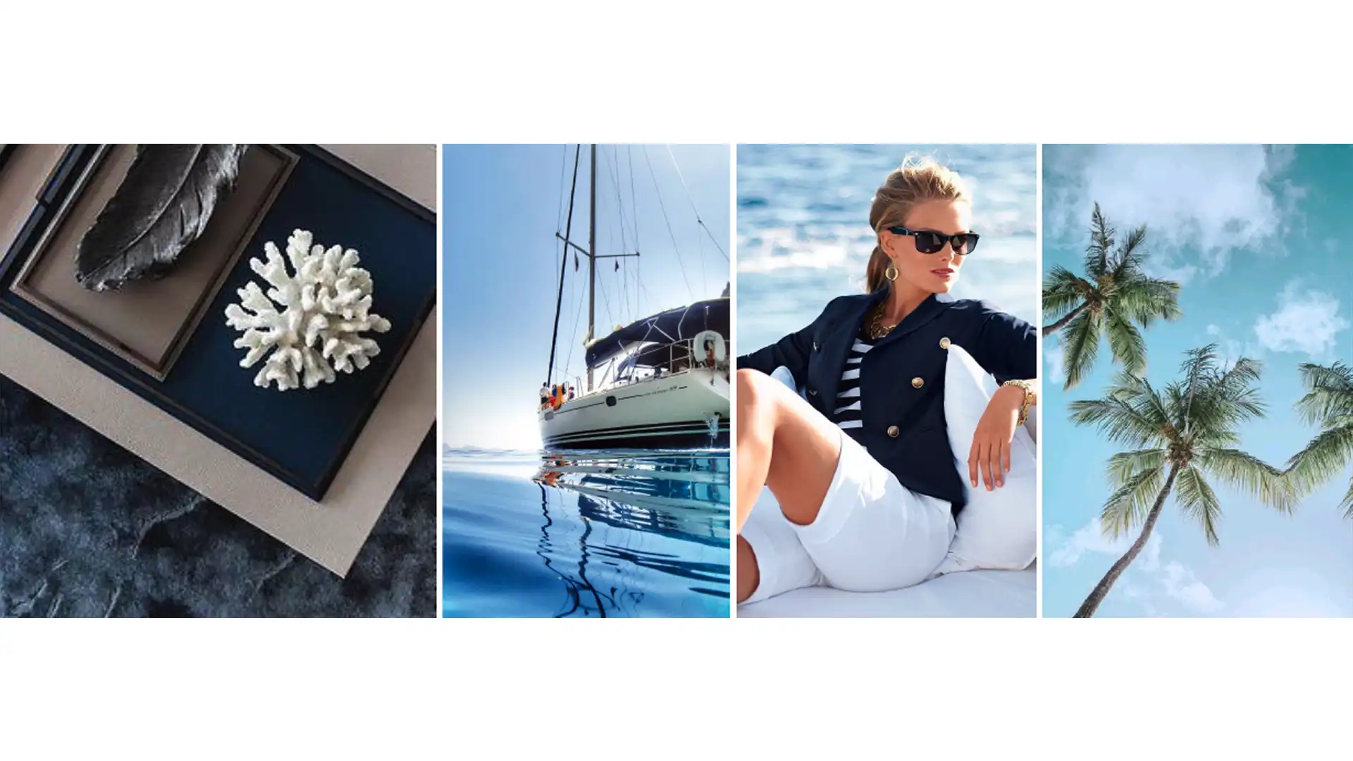 Concept mood imagery for Trident, Nariman Point, featuring coral, navy and white fashion, sailing yachts and palm trees