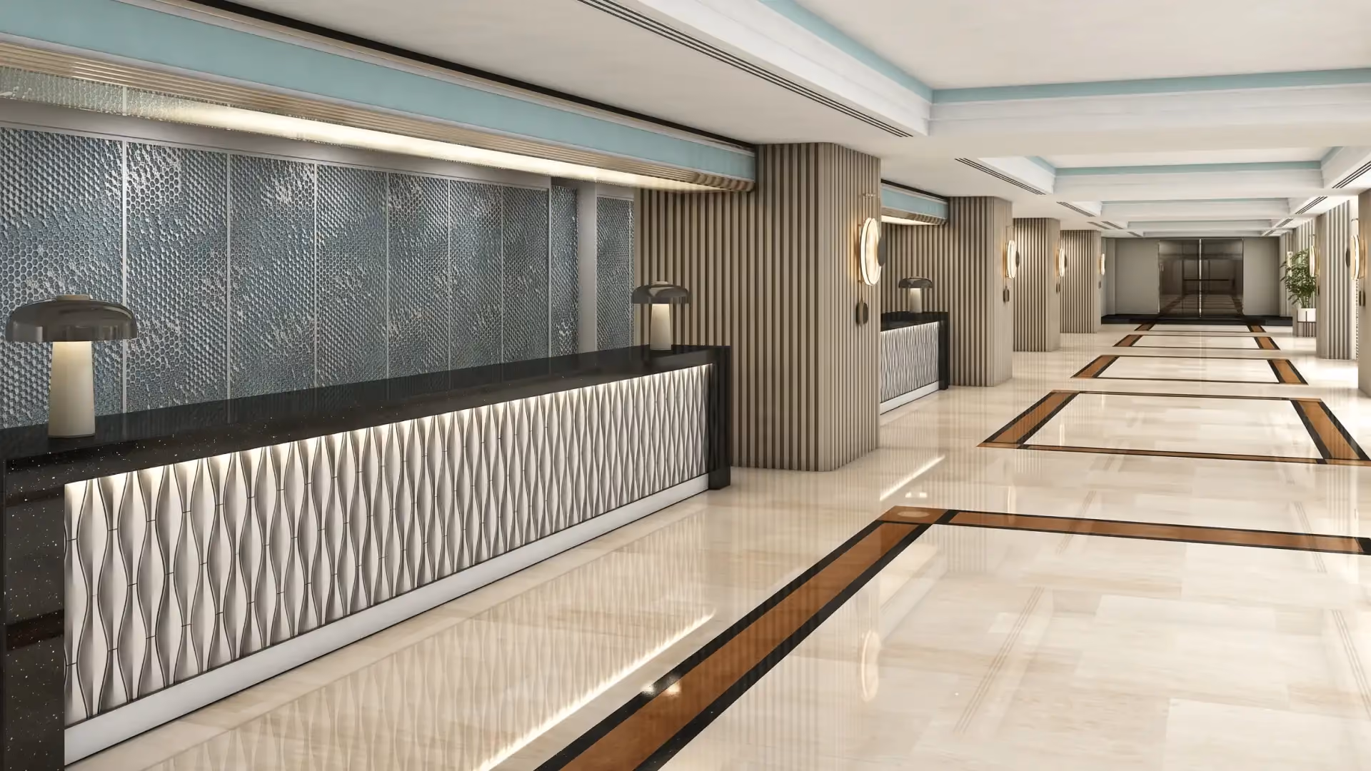 Rendering of the arrival reception with a sculpted desk front, textured feature wall and cove-lit ceiling at Trident, Nariman Point