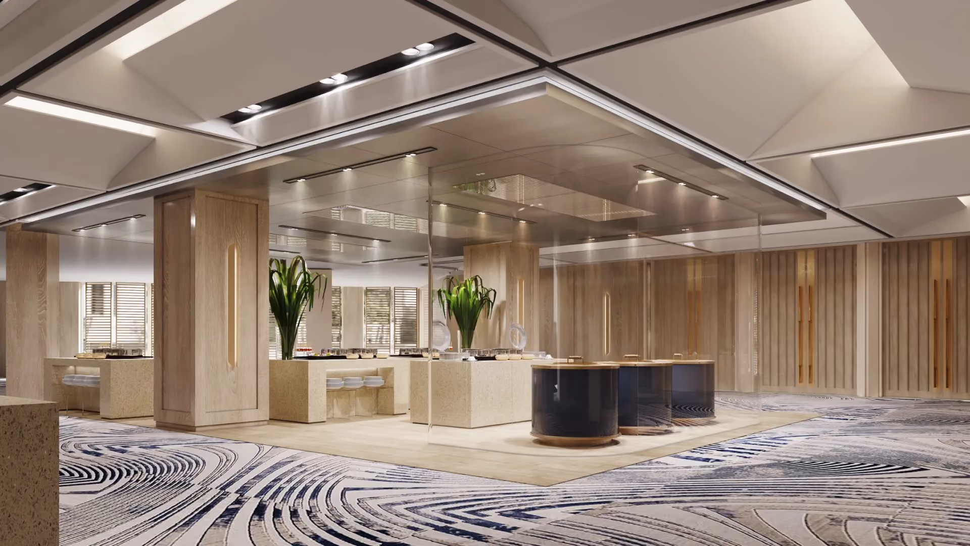 Rendering of the breakout area with round food station counters, potted plants and swirled carpet at Trident, Nariman Point