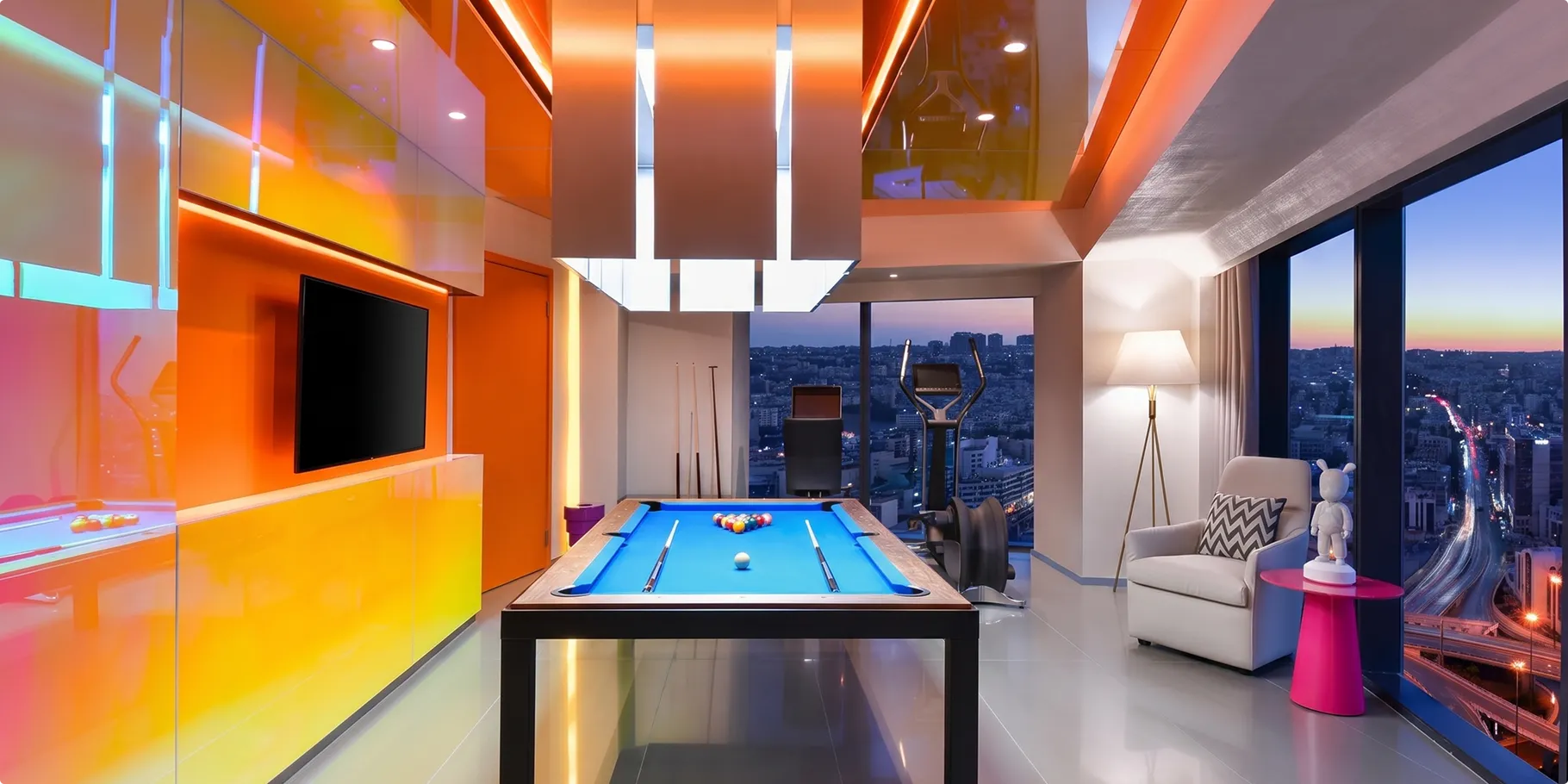 Games room at W Amman with a pool table, orange reflective wall panels and city views at dusk