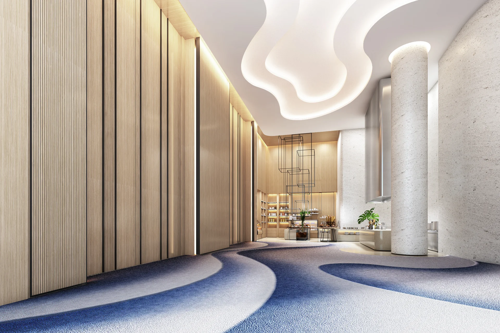 Rendering of the ballroom foyer at Hyatt Regency Ocean Paradise Resort, with timber slatted walls and a curved cove ceiling
