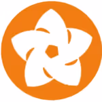 White stylized pinwheel or flower icon inside an orange circle.