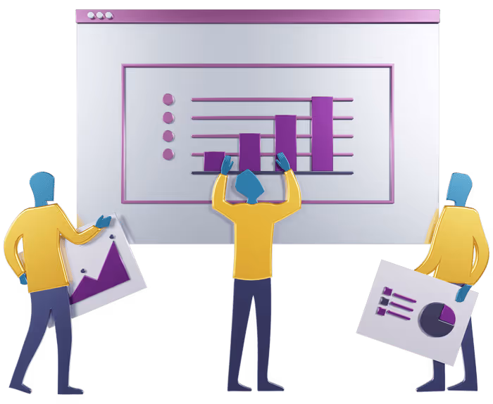 Three stylized figures analyzing and presenting various charts and graphs, including a bar chart on a large screen, a line chart, and a pie chart.