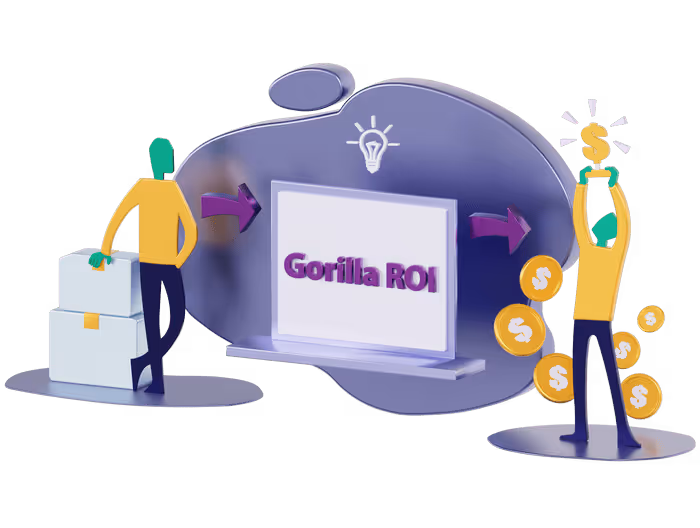 Detailed Amazon FBA charges section with shipping and selling fees Illustration showing a person with packages on the left, arrows pointing to a screen labeled 'Gorilla ROI' with a lightbulb icon, and another person on the right holding up a dollar sign with coins around them.