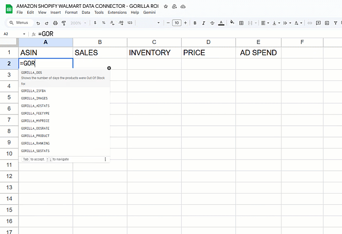 amazon shopify walmart custom formulas to import data into google sheets