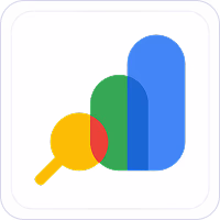 Logo with a magnifying glass and overlapping bars in yellow, green, and blue shapes.