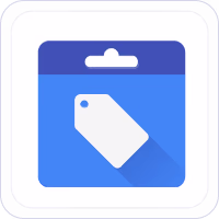 Blue square icon with white price tag symbol inside and a tab edge at the top.