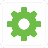 Green gear icon with eight teeth on a white rounded square background.