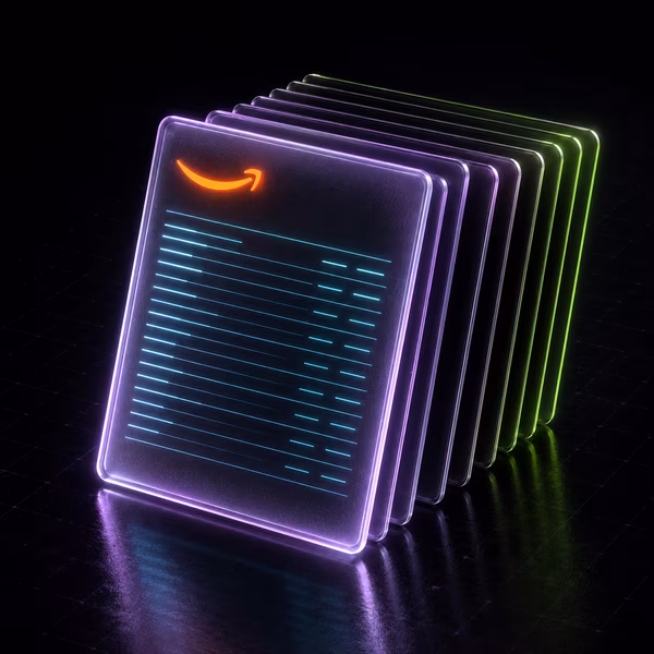 Stack of transparent neon-lit cards with an orange Amazon smile logo and blue horizontal lines on front card.