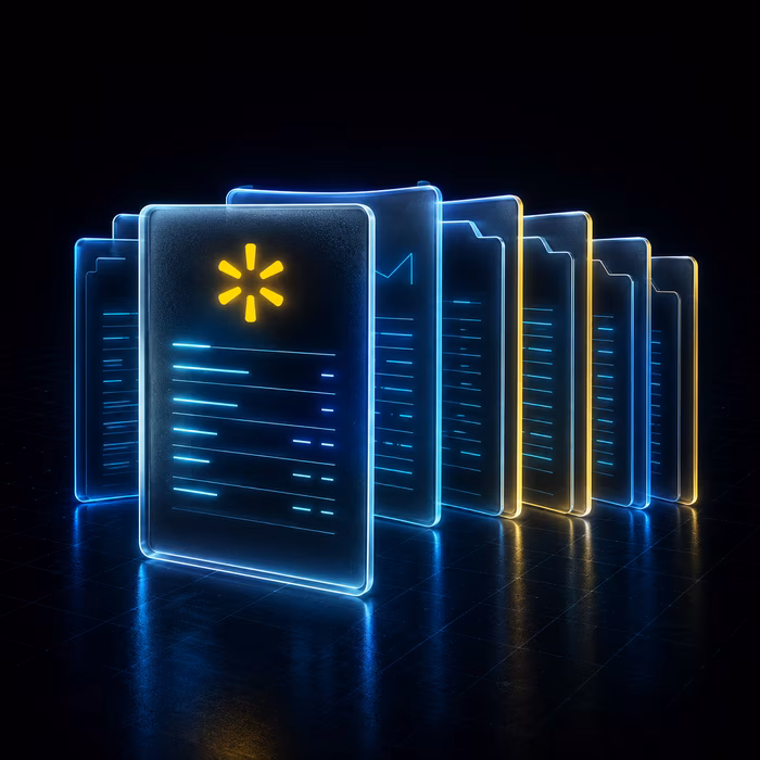 Glowing digital folders with Walmart logo symbolizing organized data or report files on a dark floor.