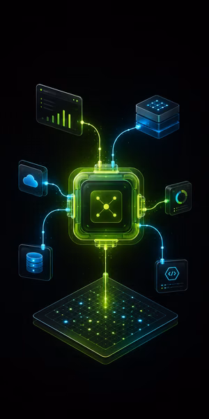 Glowing futuristic data hub connecting cloud, database, analytics, code, and storage icons on black.