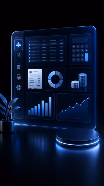Glowing futuristic financial dashboard with charts, calculator, and stacked coins on dark background.