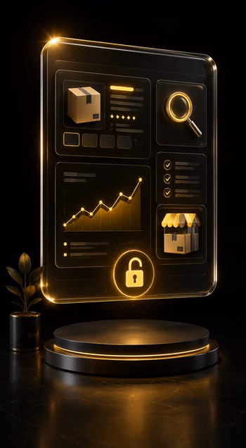Glowing digital dashboard with package icons, analytics chart, and lock icon on dark pedestal.