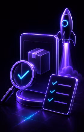 Glowing neon analytics dashboard with line graph, pie chart, bar graph, and a small plant on black surface.