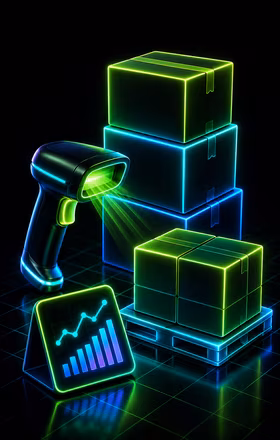 Stack of glowing translucent screens with an orange Amazon smile logo and blue horizontal lines.