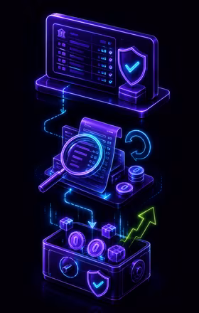 Glowing futuristic financial dashboard with charts, calculator, and stacked coins on dark background.
