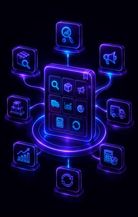 Glowing digital dashboard with package icons, analytics chart, and lock icon on dark pedestal.