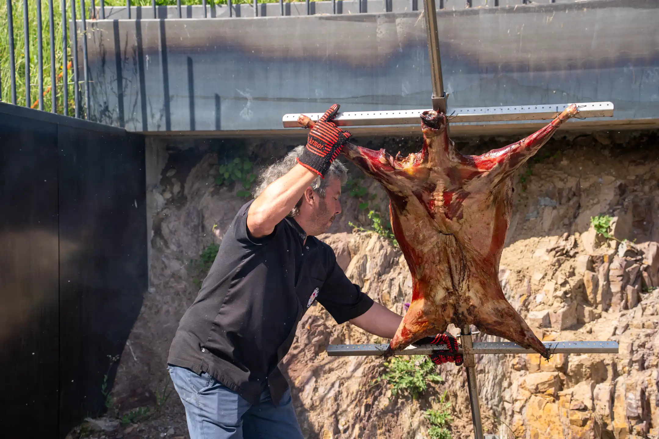 Ganzes Tier am Spieß wird für das Assado am offenen Feuer vorbereitet
